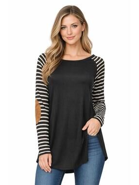 Hailey & Co Black Tunic Top Striped Sleeves Elbow Patch Long Sleeve Womens NWOT